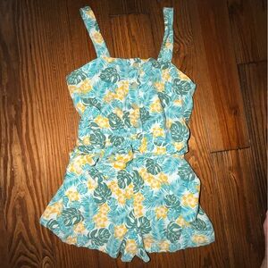LOFT Tropical Floral Sleeveless Romper in Teal and Yellow